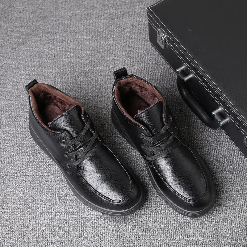 Men's cotton shoes, leather and wool integrated, winter warm and velvet thickened high-top middle-aged man dad snow boots