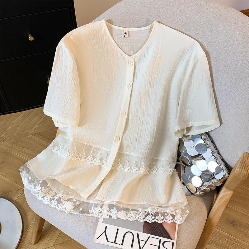 Premium versatile lace splicing short-sleeved top women's 2025 summer new solid color short-sleeved shirt