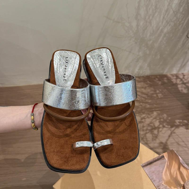 New summer French platform retro cover toe cool slippers women's shoes wear out square head casual wedge slippers women