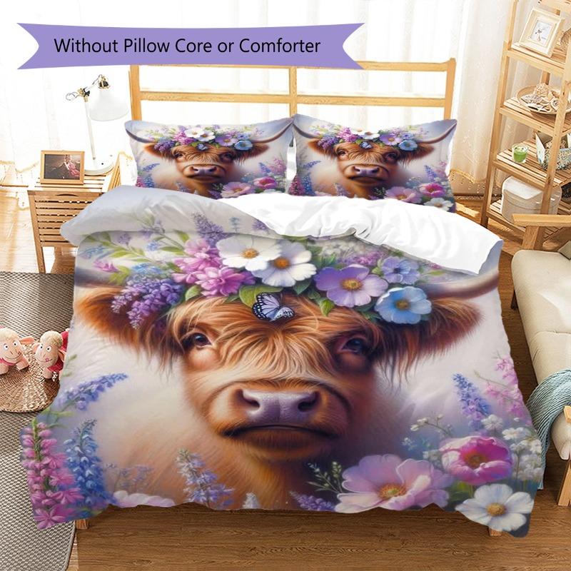 Highland Cow Colorful Wildflower Garland Butterfly Print 3 Pieces Duvet Cover Set Farm Animal Bedding Bedroom Home Decor Without Pillow Core Comforter