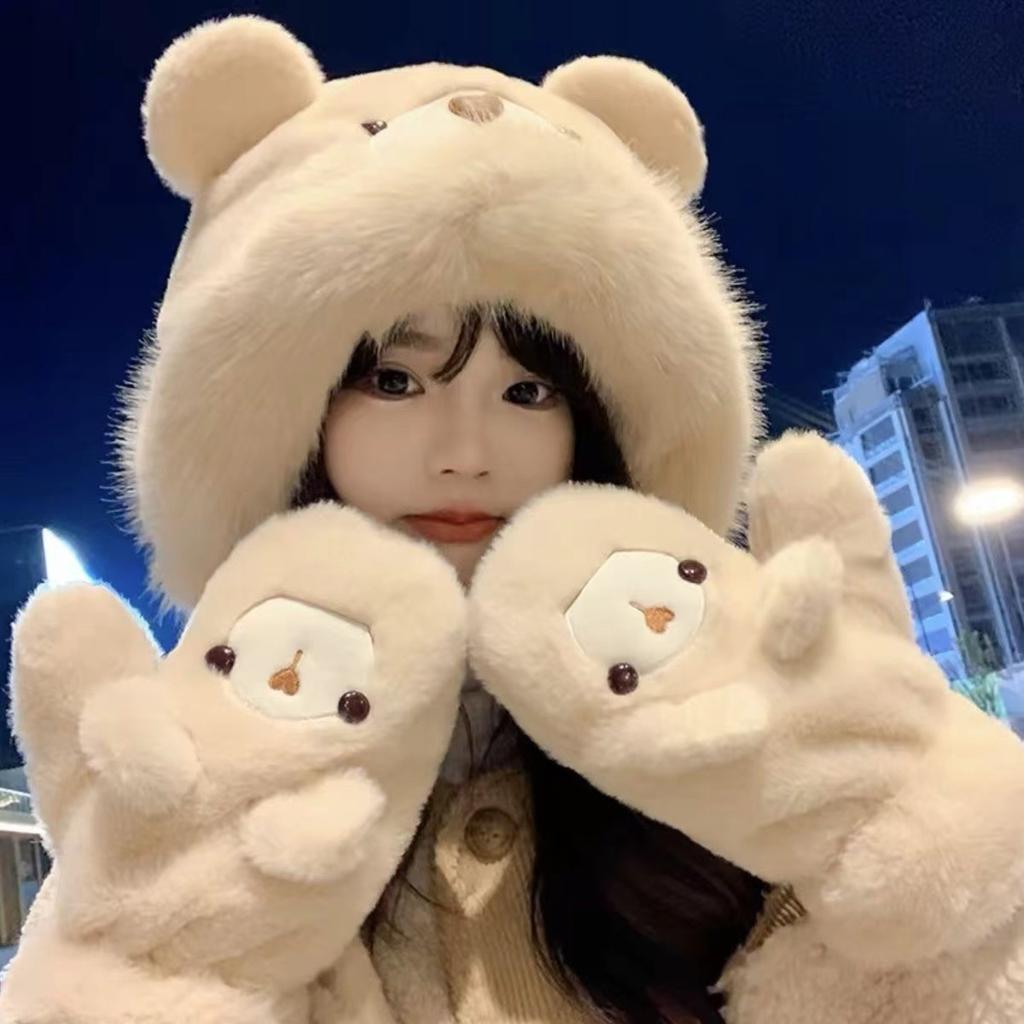 Plush Bear Hat Gloves Women's Autumn and Winter Plush Thickened Thermal Ear Protection Pullover Hat Cute Lei Feng Hat Cycling