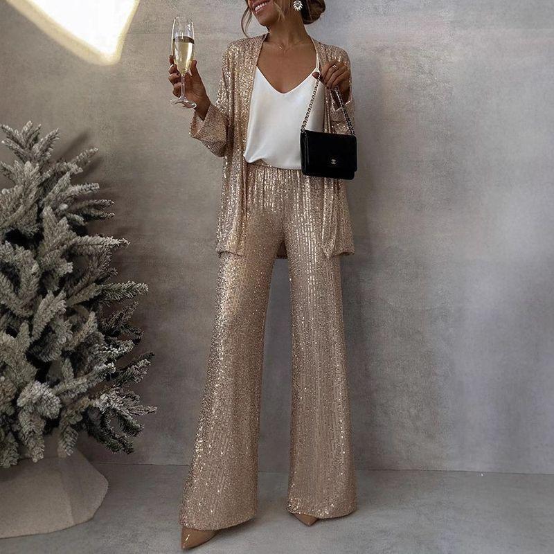 2025 Spring New Cross-Border Three-Color Sequin Full Sequined Small Suit High Waist Fashion Casual Straight Pants Two-piece Set Suit