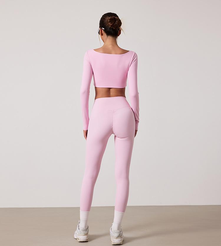 European & American Dance Yoga Wear: Sexy Square Neck Long Sleeve Top & High Waist Hip-Lifting Pants Set