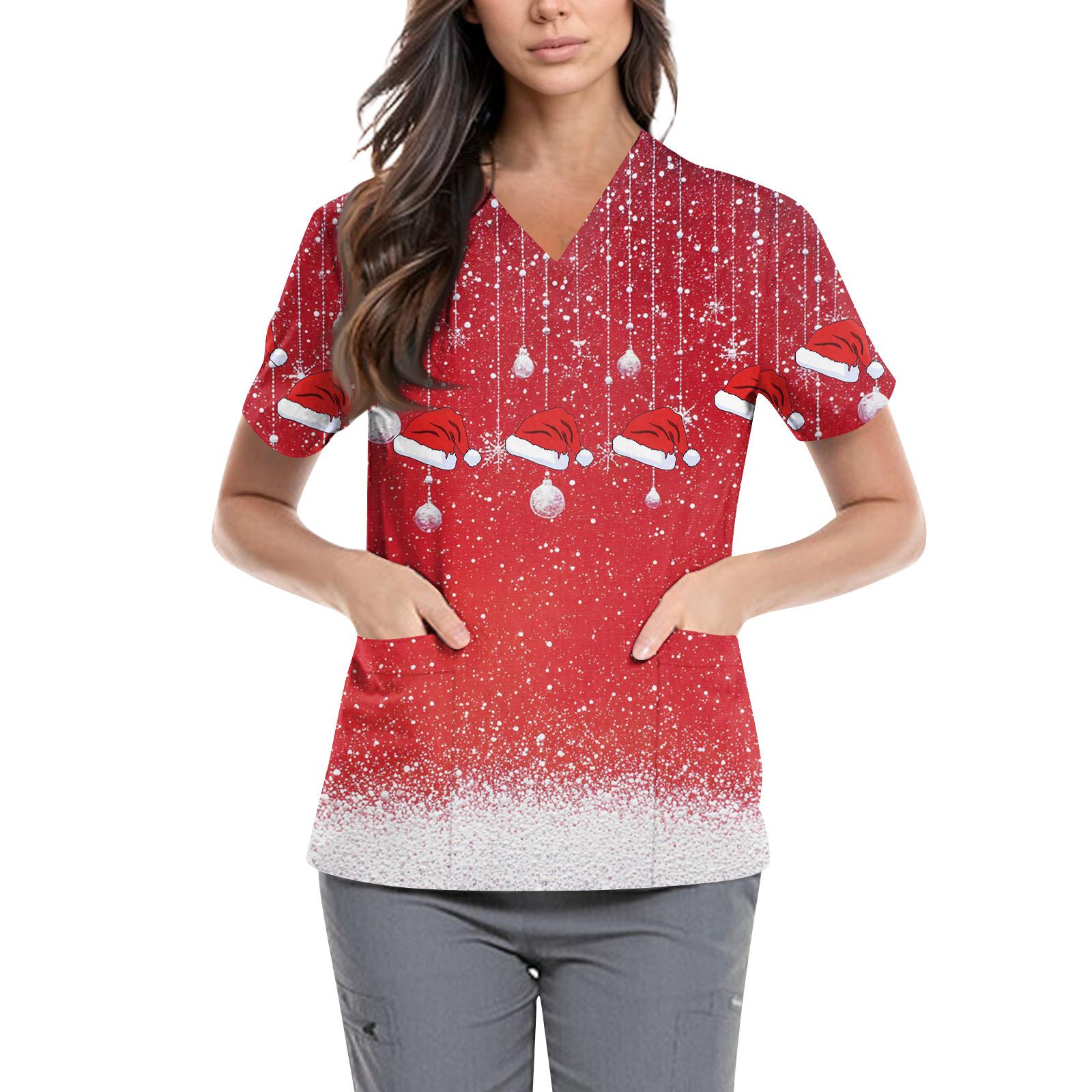 

Женская симпатичная принтованная рабочая одежда с V-образным вырезом, двухслойными карманами, базовым коротким рукавом, пуловером ко Дню святого Валентина L красный