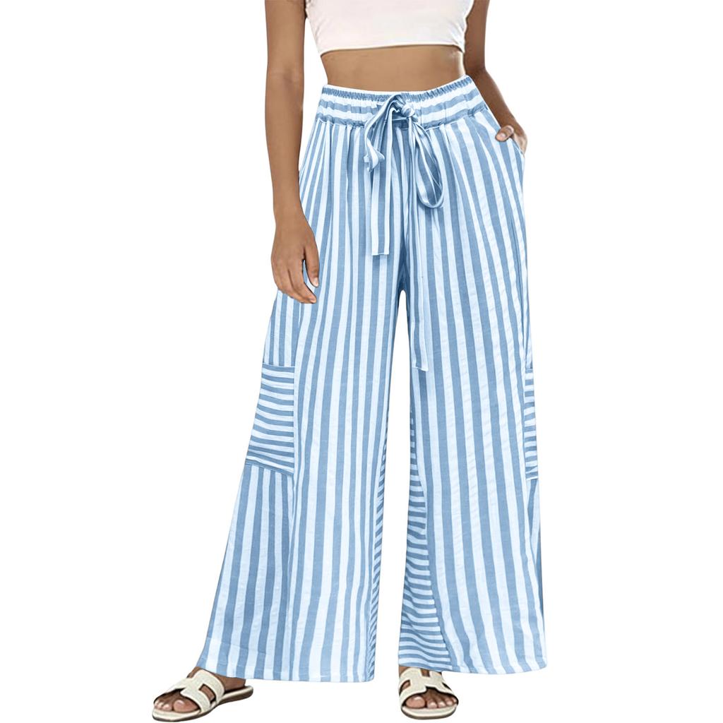 Women's Striped Loose Casual Comfortable High Waist Wide Leg Straight Drawstring Pocket Casual Pants
