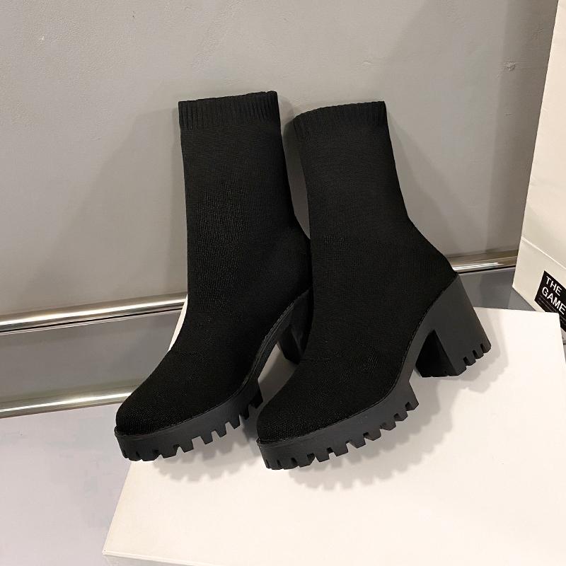 

Осень и Зима Новые Французские Многофункциональные Ботинки Женские Вязаные Эластичные Ботинки-носки Круглый Носок Универсальные Ботинки на Высоком Каблуке 40
