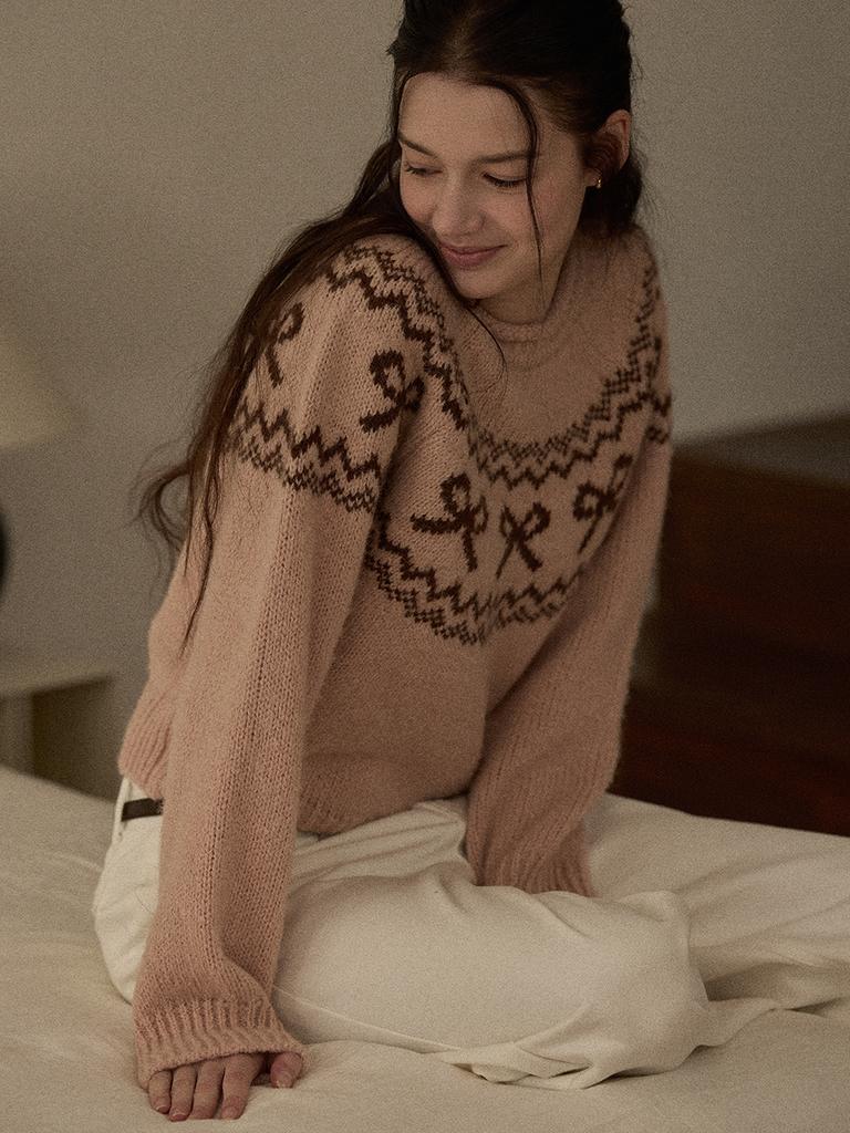 BEMUSE MANSION Ribbon Nordic Knit - Beige