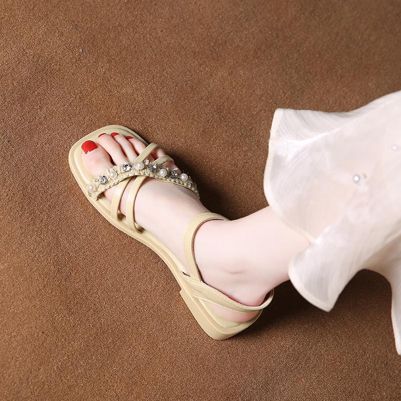 Aphixta New Pearl Dec Woman Sandals Shoes Square Toe Cross Strap Buckle Luxury Diamond Summer Shoes Sweet Low Heel Shoes Size 41