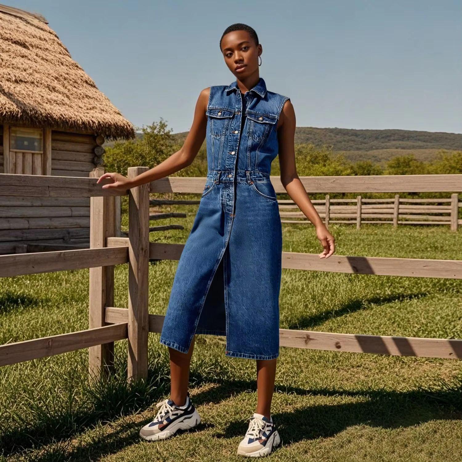 

2025 Spring/Summer Women s Slim Sleeveless Denim Midi Dress S