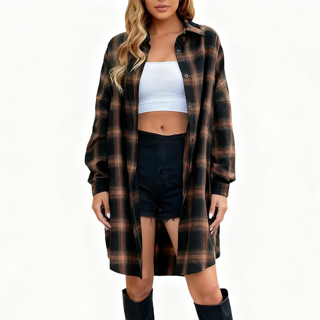 Damen Locker Bequem Lässig Mode Langarm Karomuster Mittellang Bluse Hemd