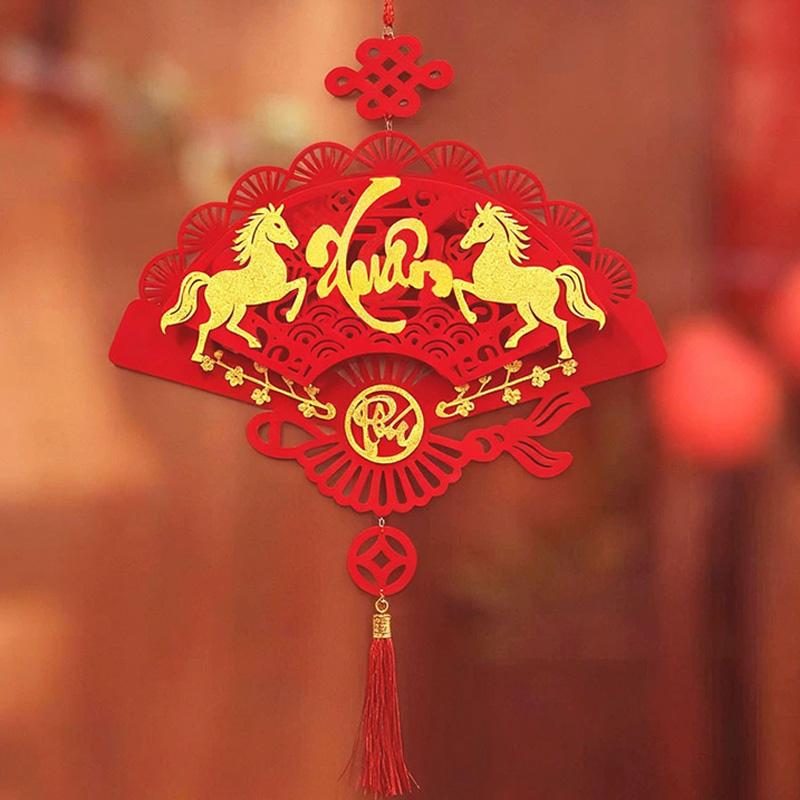 1PC Blessing Good Fortune Vietnamese Luck Red Lunar New Year Hangable Decor Fan Ornament Vietnamese Letters Tassels