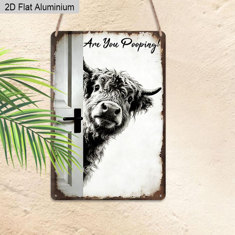 2D Flat, 1pc Vintage Humorous Aluminium Wall Art Sign "Are You Pooping!"- 8"x12" Aluminium Rustic Bathroom Decor, Funny Highland Cow Wall Art, Gag