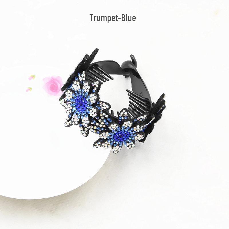 Double-Layer Rhinestone Flower Hair Clip  Hair Tie: Elegant Bun Styling Accessory
