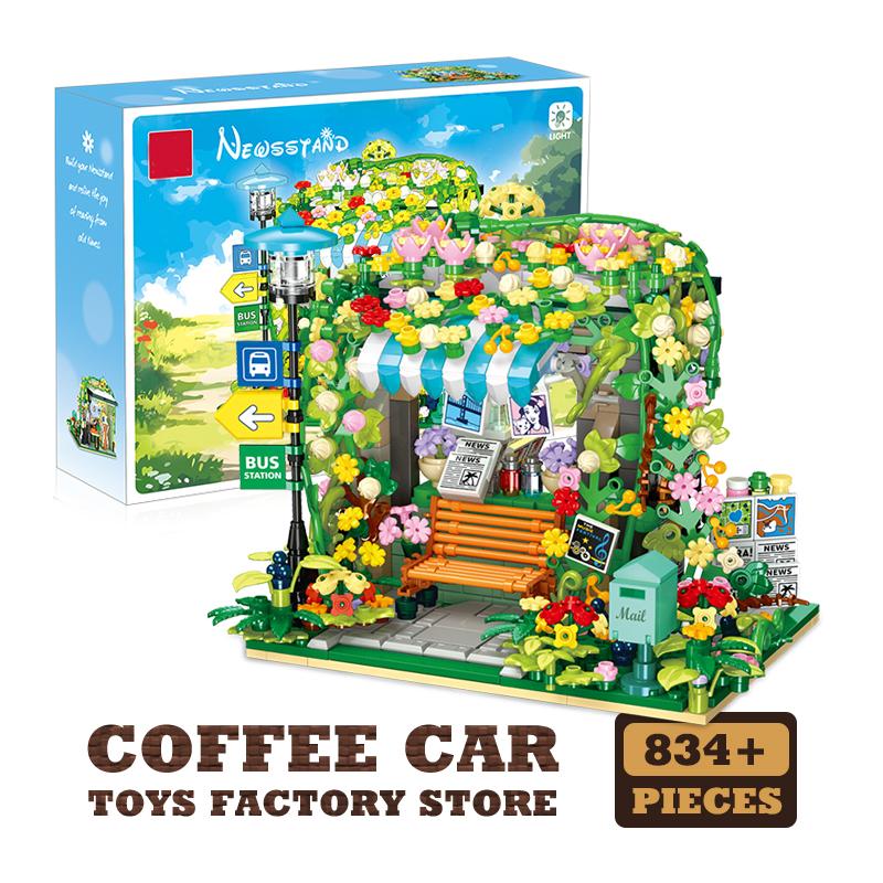 

City View Cute Fruit Store Construction Blocks Cartoon Bus Shelter MOC Bricks Home Decoration Street Friend Shop Model LED LIGHT Christmas Gift Idea