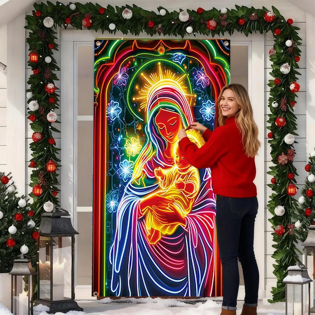 Christmas Door Cover Decoration Fabric Fluorescent Religious Jesus Scene Backdrop Christmas Porch Sign Banner Decor For Indoor