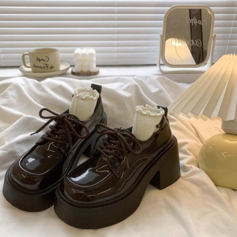 

Толстые туфли на высоком каблуке из маленькой кожи для женской осени, новые, с круглым носком, на платформе, в университетском стиле, на шнуровке, одинарные туфли для женщин 40 темно-коричневого