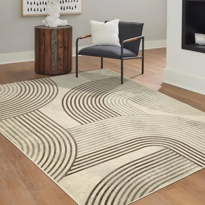 Scandinavian Living Room Rug Geometric Pattern Ecru 120x160