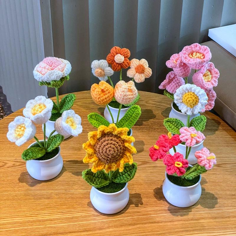 Knitting Crochet Flowers Potted Plants Fake Forget Me Not Flowers for Friends Family and Lover Artificial Handmade Flowers for