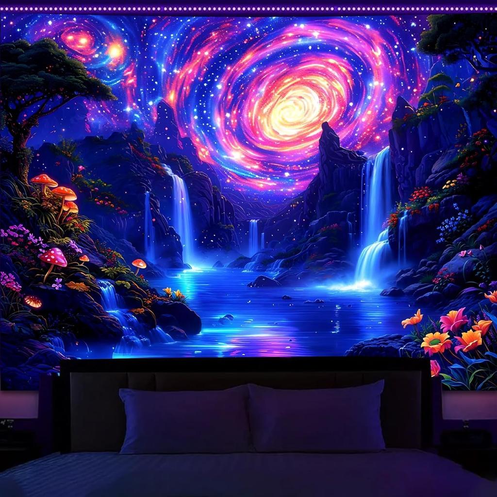 Manicer Blacklight Jellyfish Forest Tapestry – UV Reactive Fantasy Underwater Jellyfish In Enchanted Forest, Glow In the Dark Neon Nature Art Wall