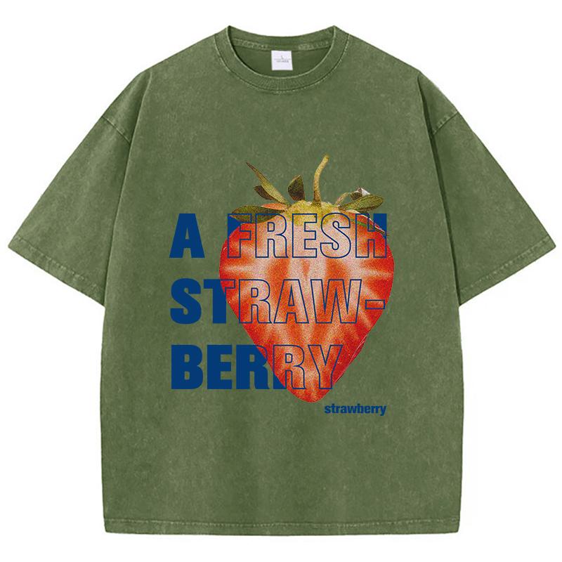 Ležérní dámská trička s kyselinovým praním, topy s jahodovým potiskem, opotřebovaná nadměrná bavlněná trička, trendy dámské oblečení