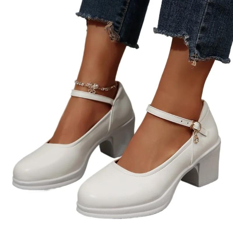 2025 New Mary Janes Women's High Heels Chunky Heels Round Toe Plus Size Classics Office & Career Pumps Women Buckle Strap Shoes