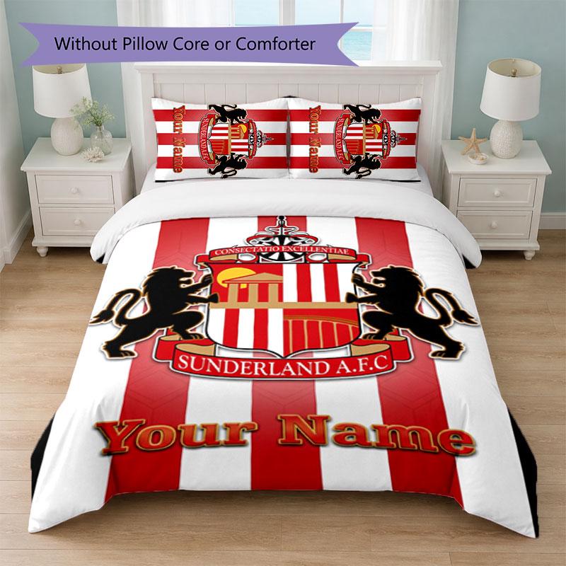 Set Biancheria da Letto Personalizzato Sunderland FC con Nome Testo 1 Copripiumino+2 Federe Logo Calcio Regalo Personalizzato per Occasione Speciale Decorazione Camera da Letto