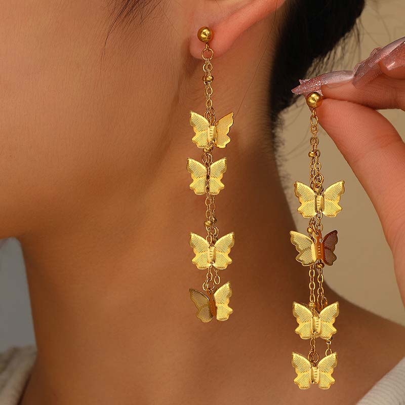 Fashion Long Tassel Butterfly Drop Earrings for Women Temperament Luxury Metal Rhinestone Hollow Bow Earrings Party Jewelry Gift