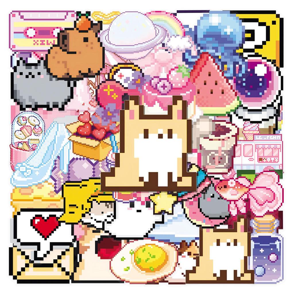 50 Sheets Pixel Style Cartoon Stickers for Journals, DIY, Refrigerators, Stationery, and Earphones