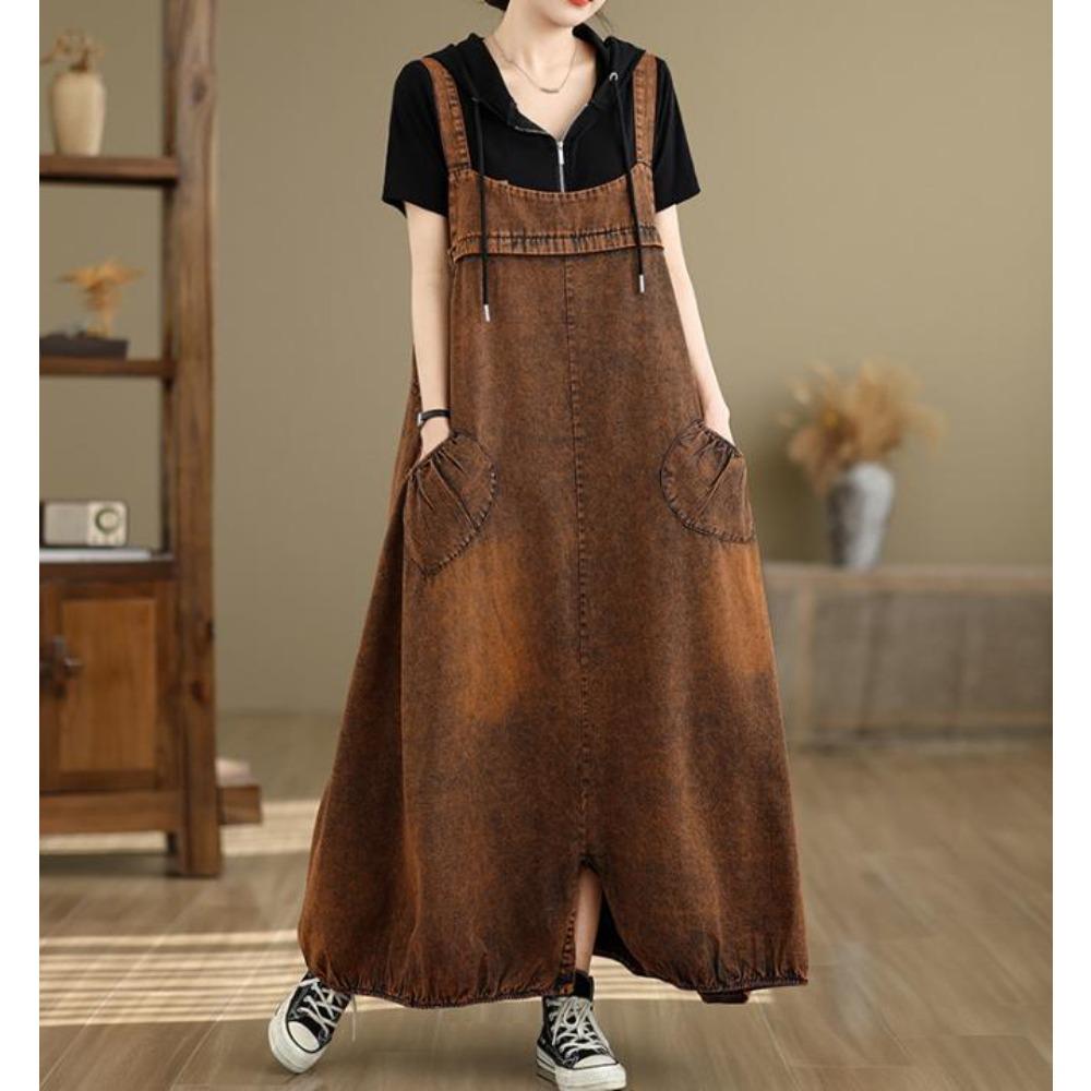 Vestito Salopette in Denim Lavato Retrò da Donna Vestibilità Larga Lungo Maxi Linea ad A Casual Tuta Vestito