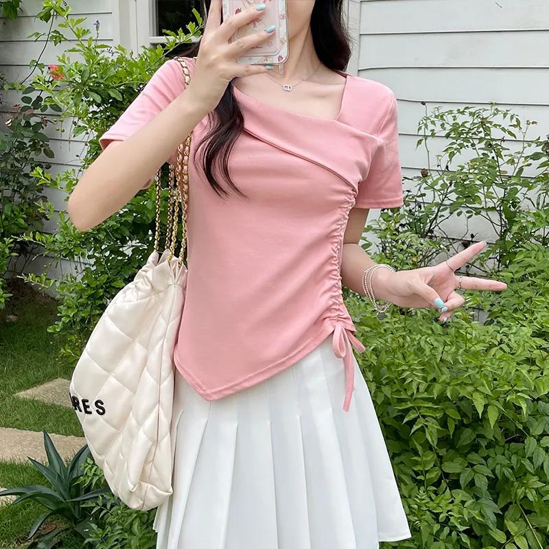 Women's Asymmetrical Neck Drawstring Ruched Short Sleeve Crop Top