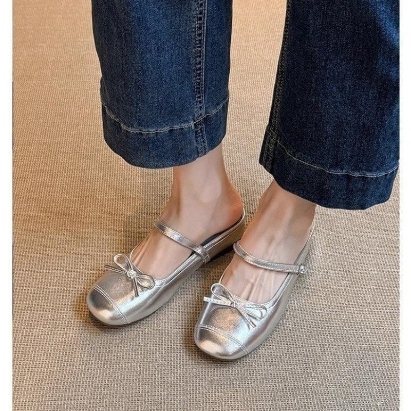 Silver bow-tie ballet shoes for women's summer wear, one-word with half slippers, inner height increase, light mouth single slippers
