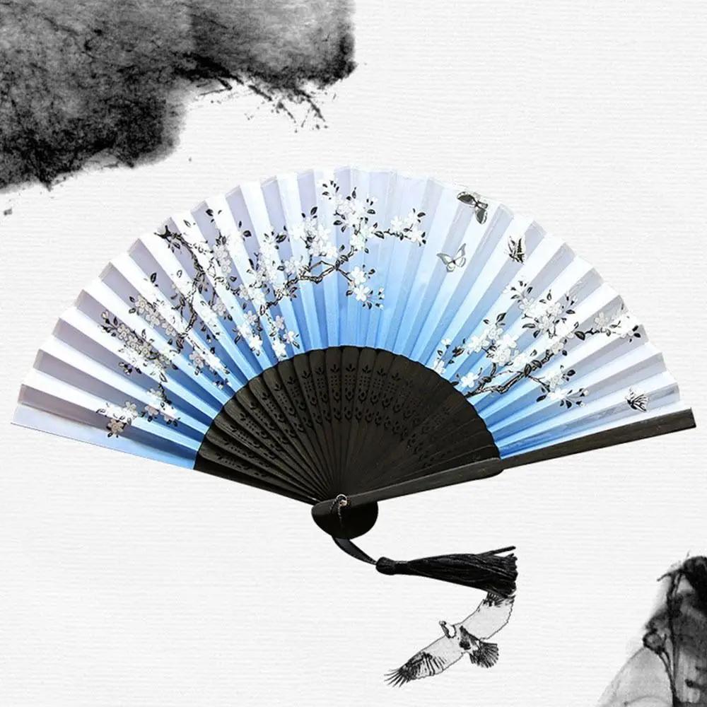 Шелковый китайско-японский складной веер Цветной бамбук Винтажный стиль Складной веер Ручной веер Кисточка Элегантный женский веер