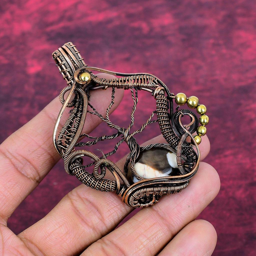 Tree Of Life Peanut Wood Jasper Pendant Gemstone Copper Wire Wrapped Jewelry Handmade Pendant