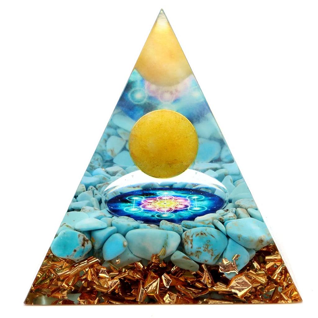 Orgonitová pyramida ozdoba přírodní kámen silový kámen očištění tyrkys tyrkys sazare aragonit kulatá koule hexagram [ZLATÝ KÁMEN]