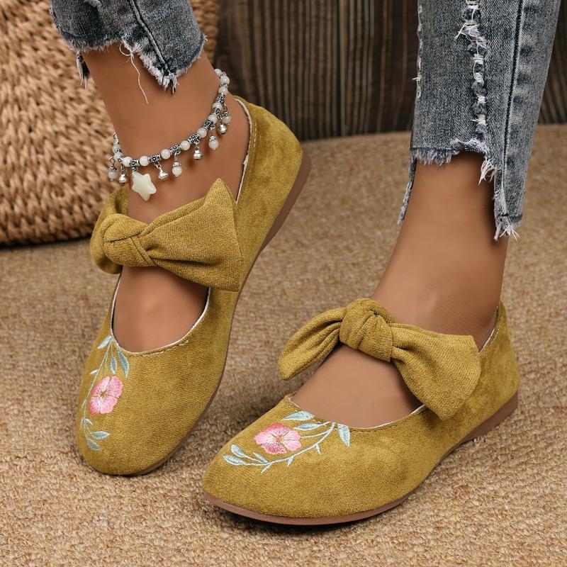 Fashion Embroidered Mary Jane Shoes for Women Spring Bow Color-matched Lace-up New Satin Soft Sole Flat Single Shoes for Women