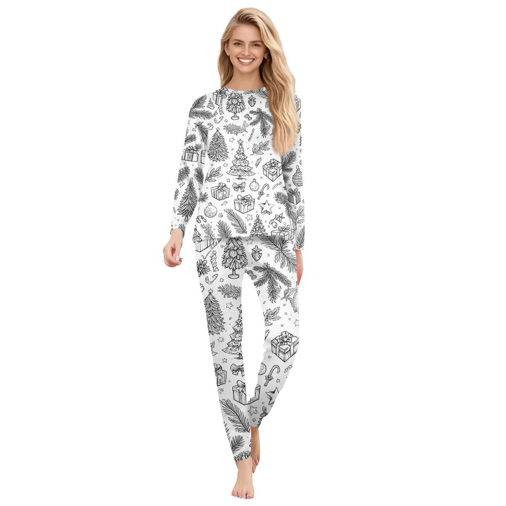 DIY Hand Painted Colorable-Parent-child Outfit - Christmas Print Round Neck Parent-child Long Sleeve Long Pants Home Clothes Suit Spring