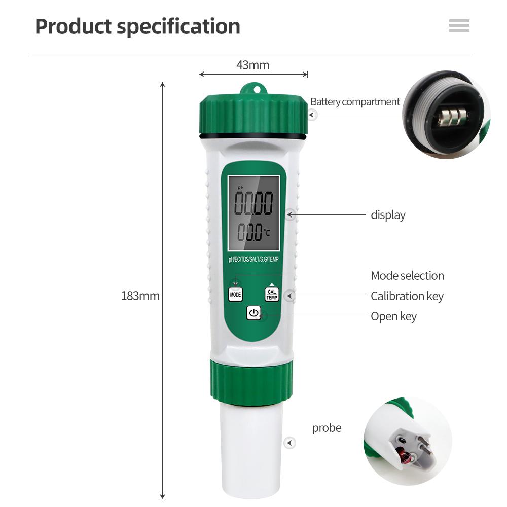 High Precision Water Quality Tester PH EC TDS SALT S.G Temperature 6 In 1 Detector PH Meter Temp Testing for Pool Aquarium