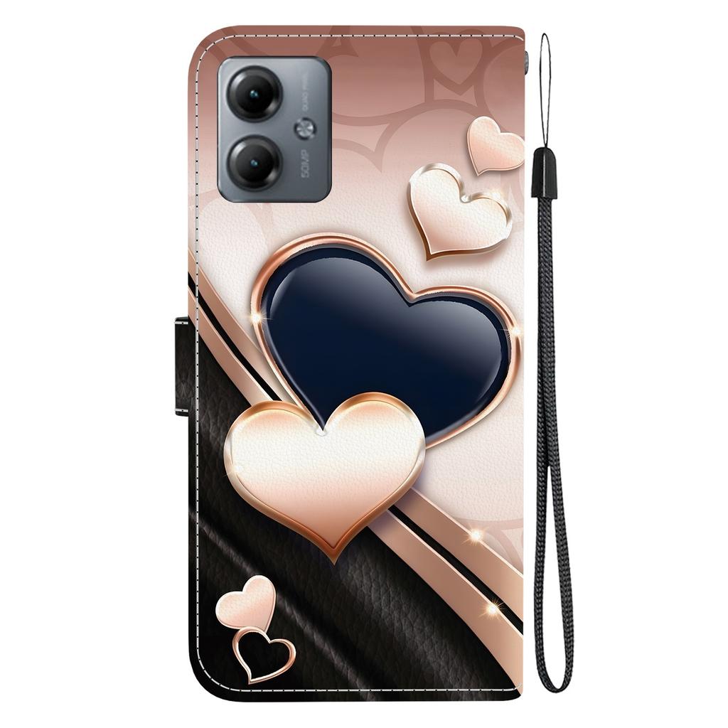 Handmade PU Leather Flip Case for Motorola Moto G14 Anti-Slip Shockproof Cover with Wrist Strap & Heart/Rose Cat Designs