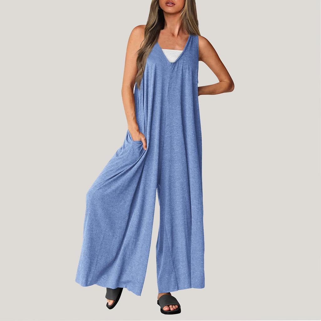Damen-Overall, lässig, Sommer, lockerer Overall, ärmellos, Tank-Top, V-Ausschnitt, weites Bein, Overall, Damen-Arbeitskleidung, Overall