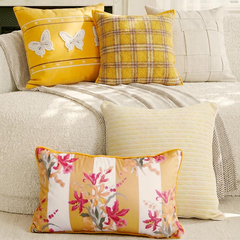 Embroidered Cushion Cover Yellow Butterfly Decorative Pillows for Sofa,45x45 Summer Pillowcase with Flowers for Backrest Support