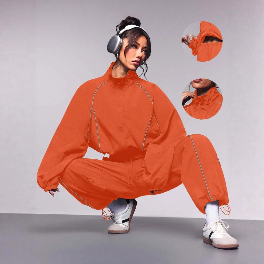 Damski Czarny Dwuczęściowy Zestaw w Paski z Wysokim Dekoltem Długim Rękawem Crop Top i Szerokie Spodnie