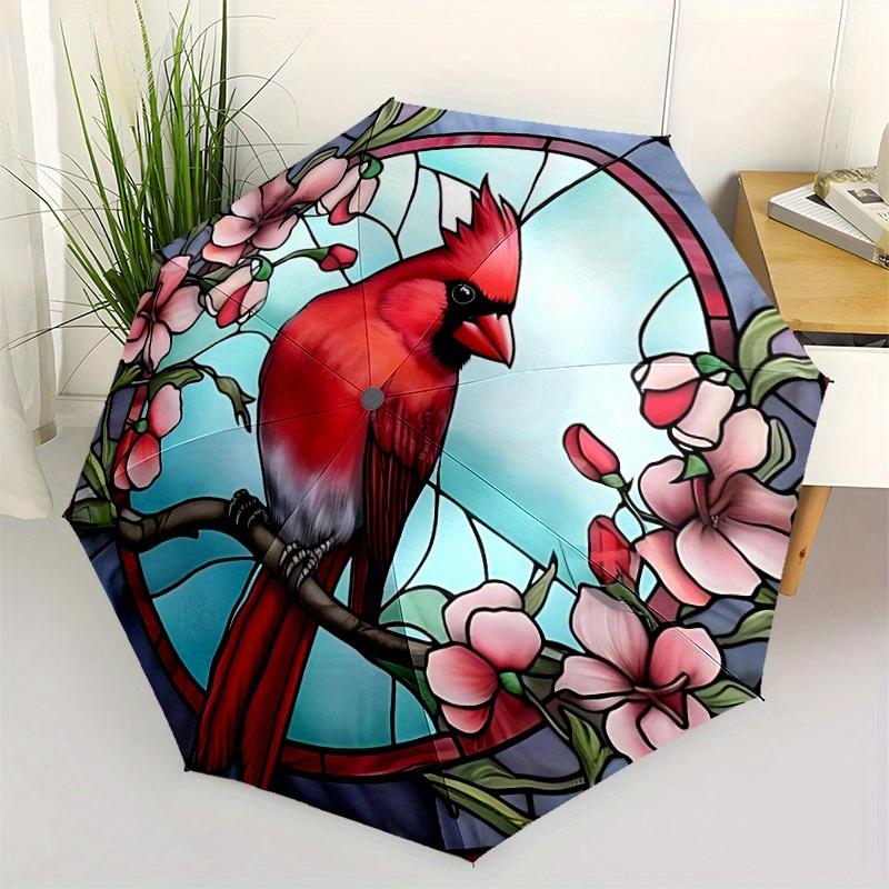 1pc Stained Glass Cardinal Compact Travel Umbrella, Automatic Folding Lightweight Windproof 8-Bone Reinforced Design, Portable for Backpack