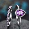 AZQ 925 Sterling Silver Shining Amethyst Ring Tear Drop Shape 3Ct Cubic Zirconia Promise Rings Set CZ Teardrop Halo Ring Eternity Engagement Wedding