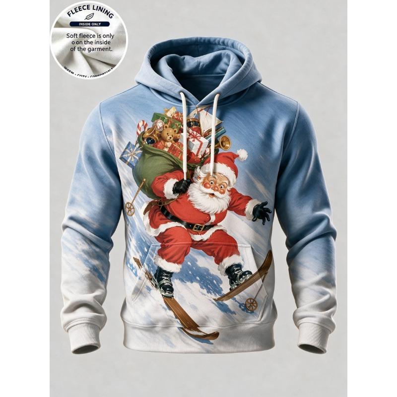 3D Print Christmas Fleece Hoodie Retro Santa With Coffee Cup Snowflake Pullover Long Sleeve Kangaroo Pocket Xmas Sweatshirt