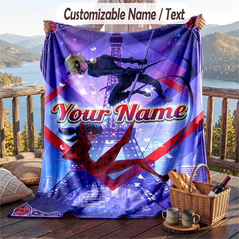 Miraculous Ladybug Flannel Blanket, Personalized Custom Name Text, Soft Warm Plush Throw Blanket For Gift