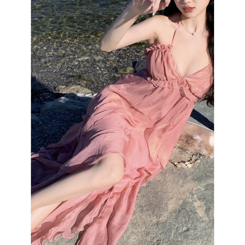 Pink Resort Backless Suspender Dress, Exquisite Fairy Beach Dress for Seaside Photos