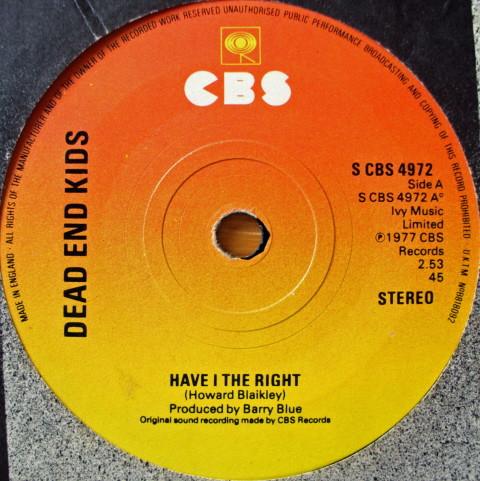 

7-дюймовая пластинка DEAD END KIDS - Have I The Right SCBS4972 CBS 1977 UK Рок Б/У