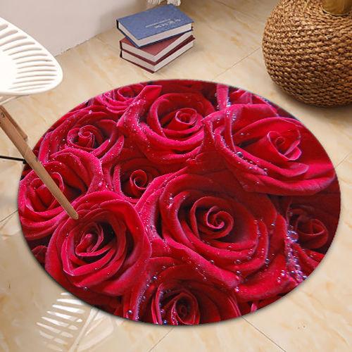 WTEMPO Round 3D Rose Printed Indoor Carpets Living Room Bedroom Soft Non-slip Carpets Home Decor Simple Elegant Carpets