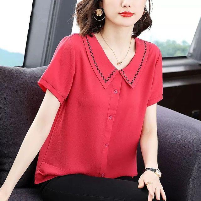 Шифоновая рубашка с короткими рукавами и кукольным вырезом для женской блузки, новый летний свободный модный топ для мамы с вышивкой XXXL красный