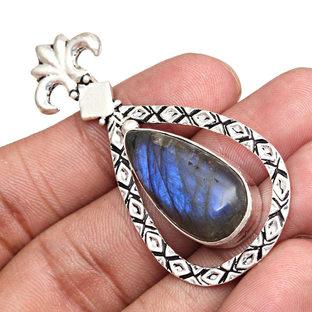 Pendant Silver  Peridot Labradorite Gemstone Jewelry Sterling 2.5" Fiery